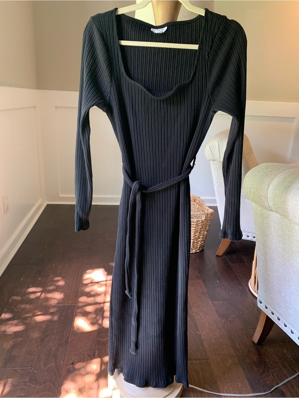 Topshop Black Ribbed Dress with Tie Waist